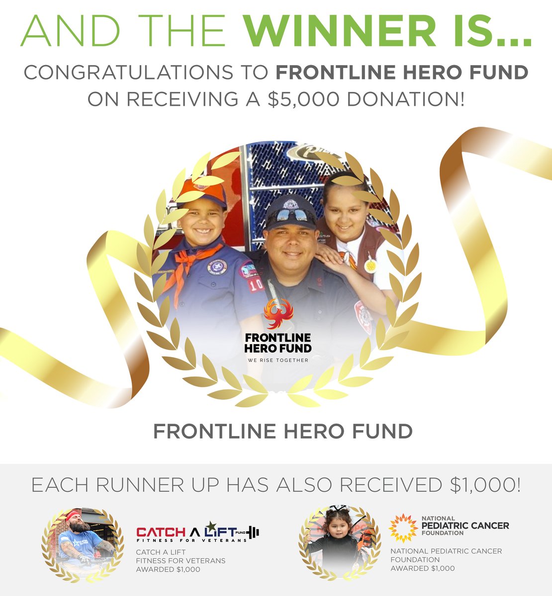 The people have spoken! 🥳 #FrontlineHeroFund is the #winner of this year’s #charitygiveaway2020, receiving a $5,000 donation 💵 Thank you to @PediatricCancer & @CatchALiftFund for participating—each will receive $1,000 as well! We received a total of 9️⃣6️⃣0️⃣9️⃣ votes—INCREDIBLE!