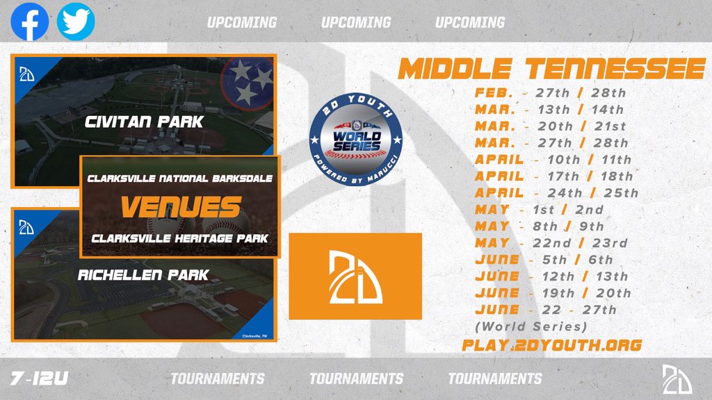 ⚾️Tennessee Events⚾️

- Regionals
- Super Regionals 
- State Tournament
- TN World Series 

🔥Ring Events, Social Media Coverage at select tournaments. 

Register Today!⬇️
play.2dyouth.org/?page=1&month=…