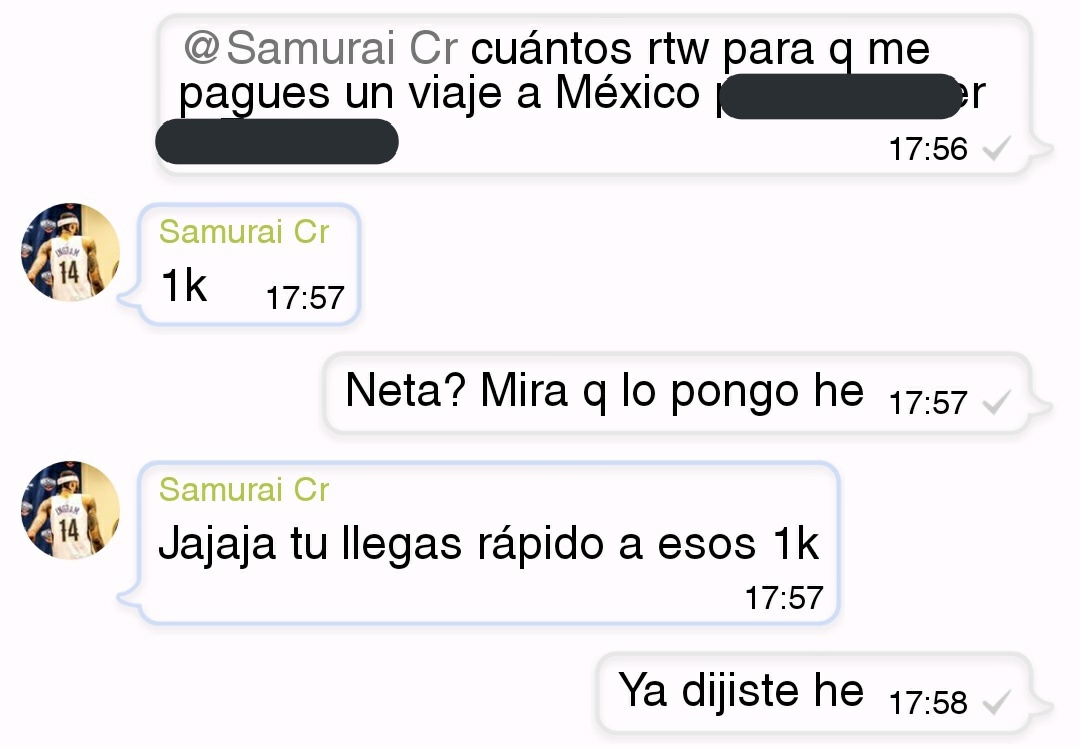 <a href="/TG_SAMURAI/">TG I SAMURAI</a> me dijo que si llego a 1k d rtw me ayuda con mi viaje a 🇲🇽

Ayúdame ❤️ solo da RTW