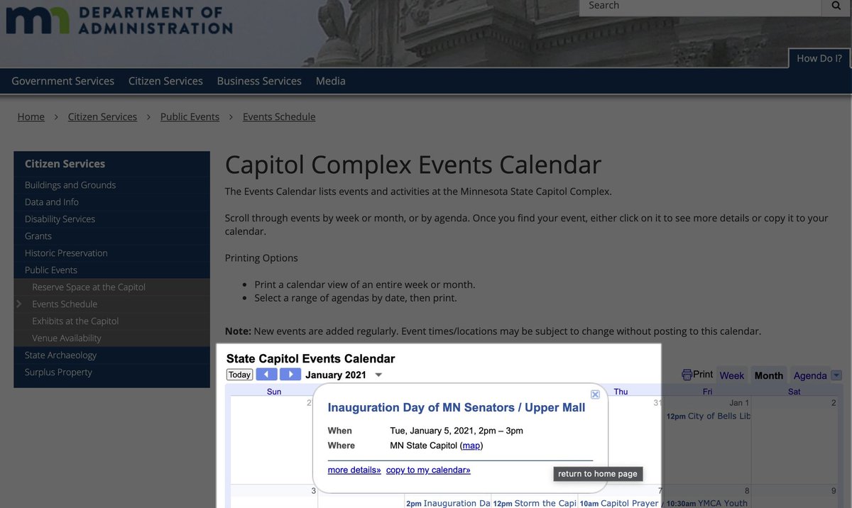 UPDATE:  @ADMN_Minnesota lists “Inauguration Day of MN Senators” - an event that violates the  #COVID19 gathering requirements of  @GovTimWalz - on the Capitol Complex Events Calendar. This means the organizers requested and were granted a permit. Data request filed. Stay tuned.