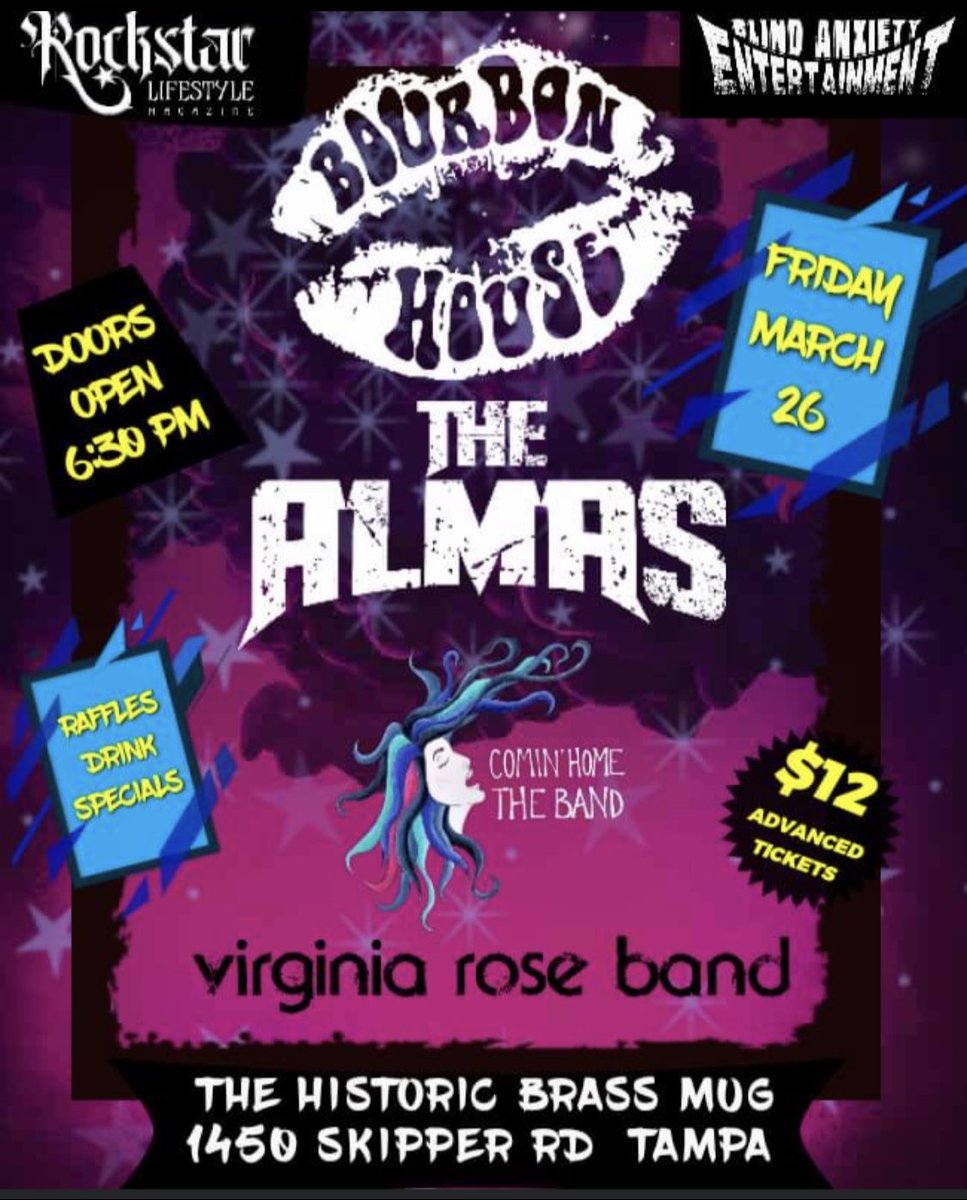 BourbonHouse_'s tweet photo. Tour posters and events coming out and we will be posting the full schedule soon! You can track us on bands in town here: https://t.co/i1UqL5VbJy 😉
#marchtour #rocktour #rockshow #tampalivemusic #tampa #brassmug #rocknroll https://t.co/E7U4Xsrjll