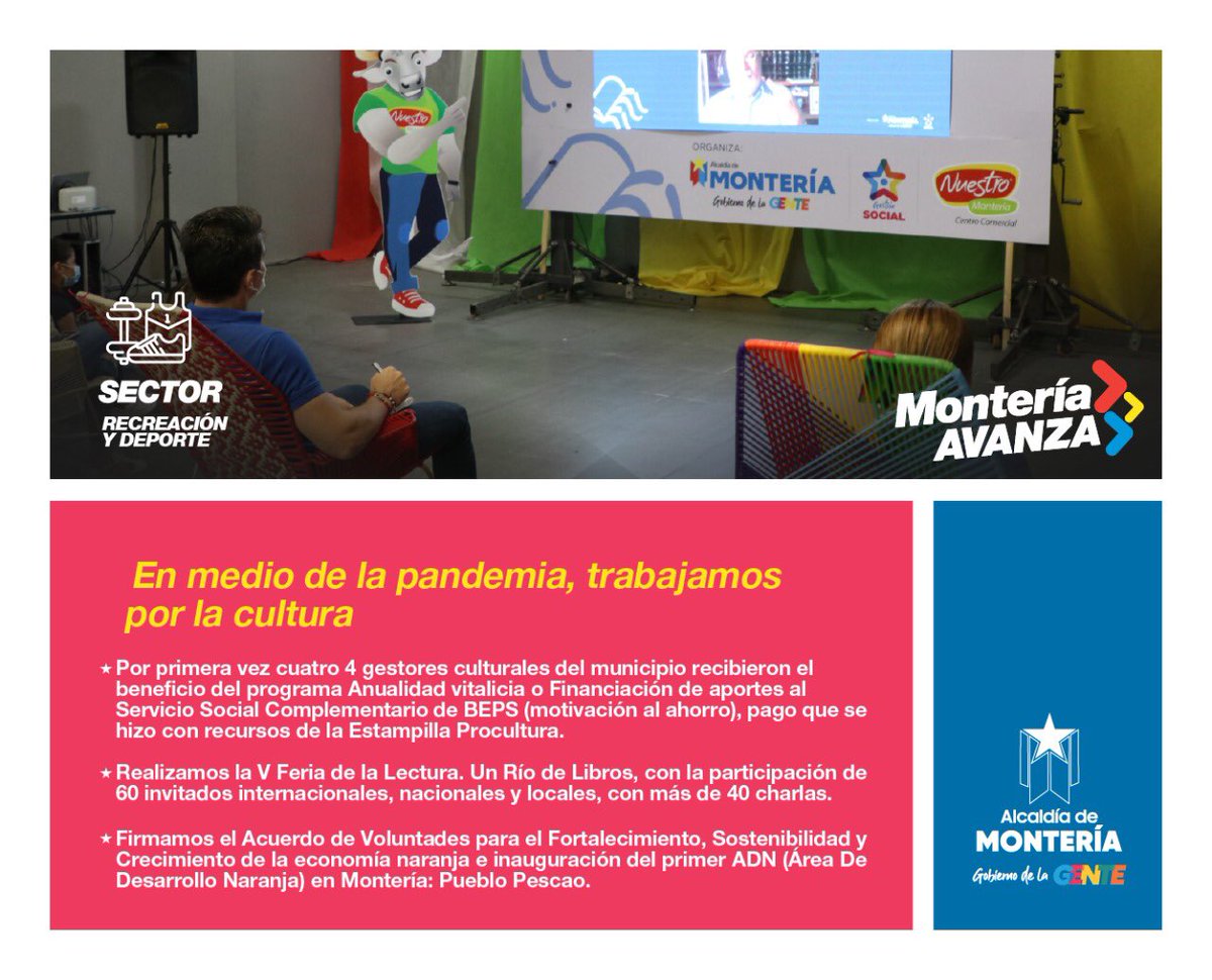 SemMonteria's tweet photo. #MonteríaAvanza Tendremos la primera área de desarrollo naranja en la ciudad: Pueblo Pescao; realizamos Un Río de Libros. V Feria de la Lectura; y por 1ra vez varios gestores culturales recibieron anualidad vitalicia o financiación de aportes al servicio social complementario. https://t.co/LJE9rkJfzs