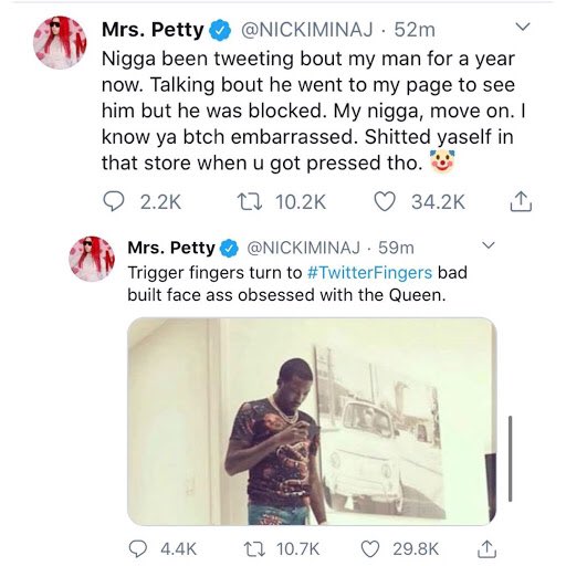 So one day Nicki had the final straw of this foolishness and decided to drag him on Twitter for being constantly obsessed with her and outed him as her abuser