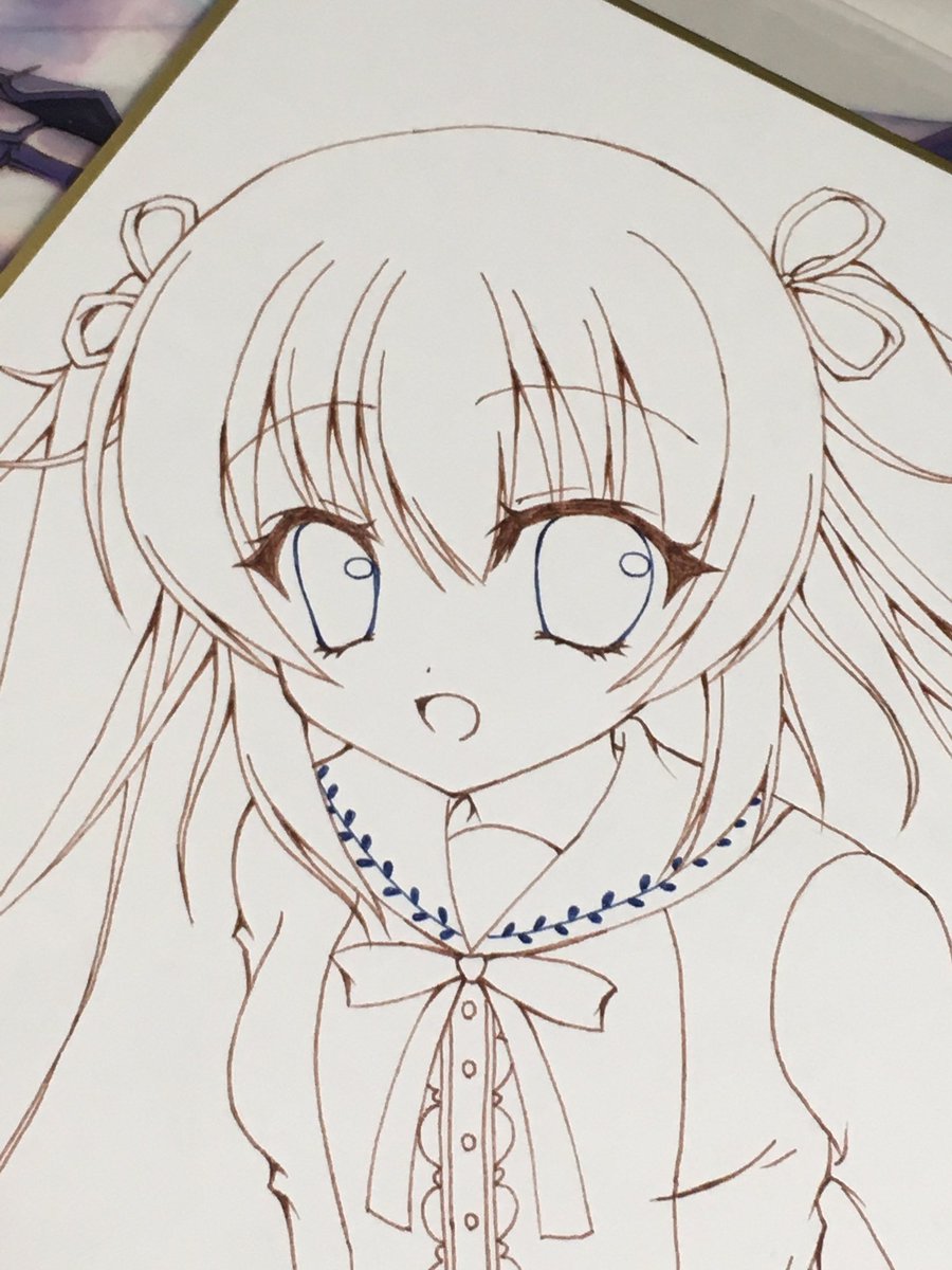 ななきうづき 色紙イラストのツインテちゃんの線画完成 髪の毛のペン入れが上手くいったので良かった ヽ ｪ ﾉ