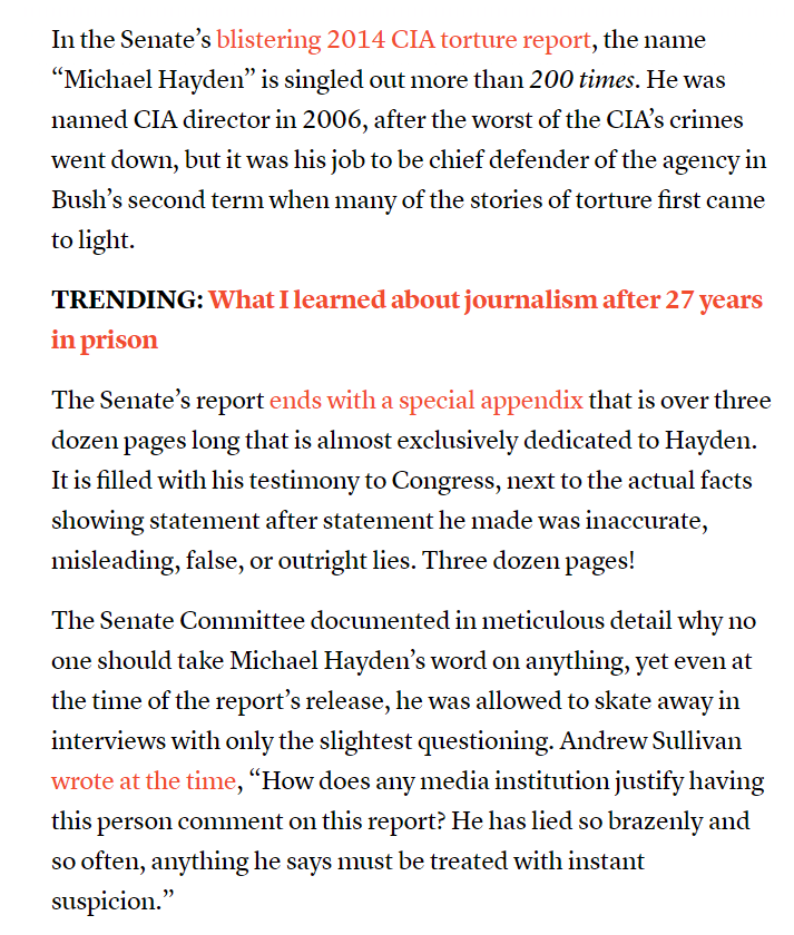 Michael Hayden "has lied so brazenly and so often, anything he says must be treated with instant suspicion.”He even lied to Congress? Sounds bad. Yet he's on the Newsguard Advisory Board (and I'm sure many others), protecting us from misinformation. https://www.cjr.org/first_person/cia_michael_hayden_expert.php