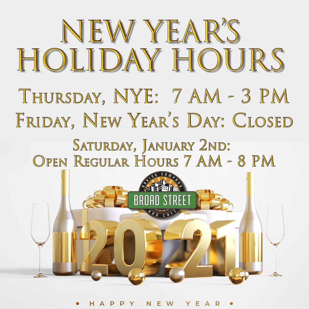 It is hard to believe but 2020 is almost over! 
We will be closing early on Thursday, NYE at 3 PM. 
We will be closed all day on New Year's Day. 
We will open at our regular time on Saturday, January 2nd from 7 AM - 8 PM. 
#broadstbakery #goodbye2020 #hello2021✌️