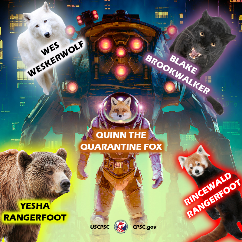 A giant robot and four animal friends around it. The text reads: Wes Weskerwolf, Yesha Rangerfoot, Rincewald Rangerfoot, Blake Brookwalker, and Quinn the Quarantine Fox.