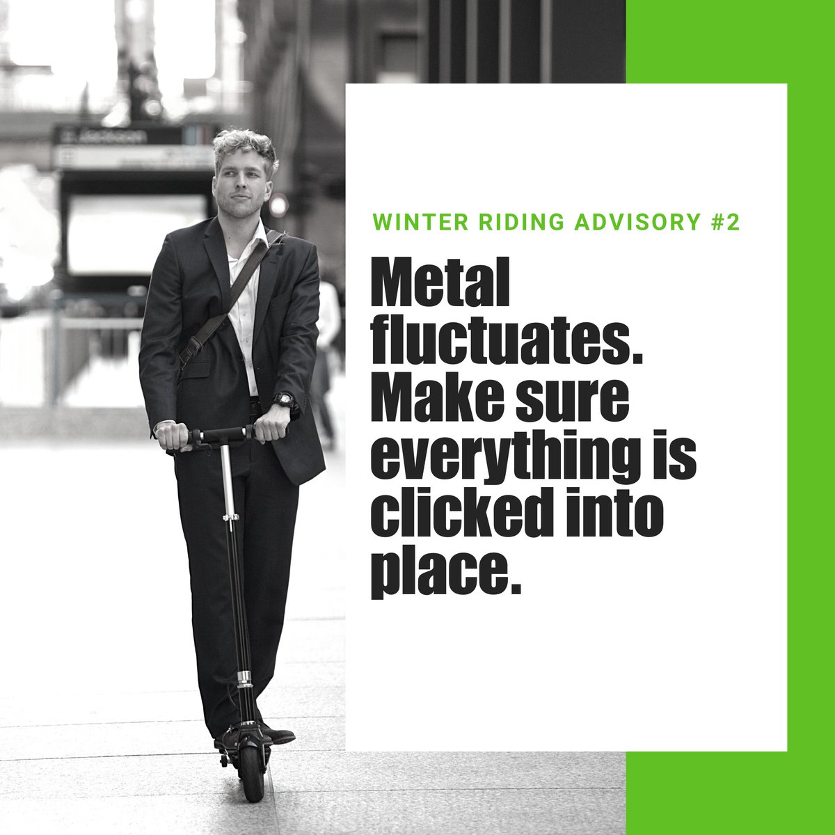 #WinterRidingAdvisory: Metal sizes can fluctuate in cold weather. Be sure that the Dolly folding pin falls into place and that the quick-release lever is securely tightened before every ride. #WinterRide #WinterRiding #ElectricScooter #WinterWeather #WinterRidingAdvisory