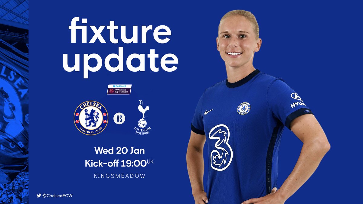 ChelseaFCW's tweet photo. A new date and kick-off time has been confirmed for our game against Spurs in the @BarclaysFAWSL! 🤝 https://t.co/n3qsQQpCjx