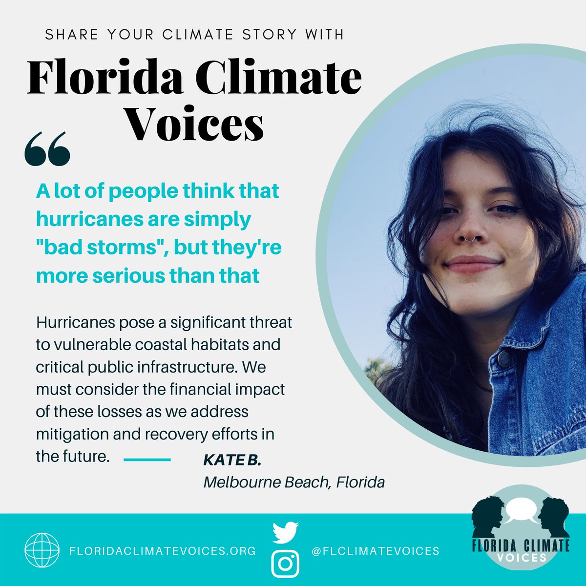 FLClimateVoices's tweet photo. #TestimonialTuesday: Hurricanes pose a significant threat to Florida's precious coastline and critical infrastructure. Listen to Kate's full testimonial on our website, https://t.co/eb3Ej7lKT0, to learn more about how we can best address this in our mitigation &amp; recovery efforts. https://t.co/vqqshSW9uI