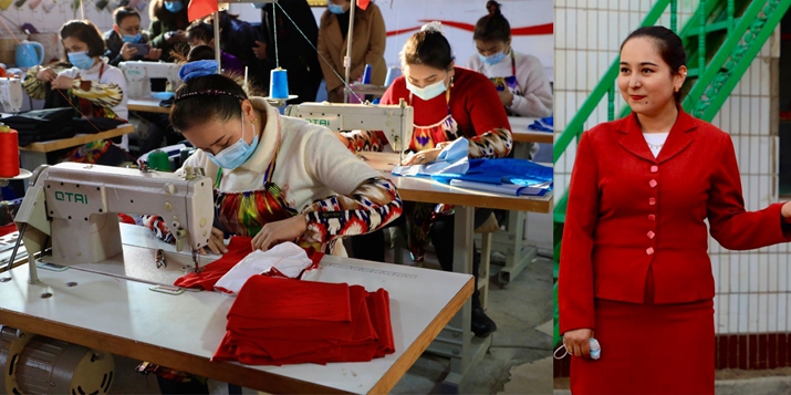 Adilai (right) and the seamstresses working at her fashion factory