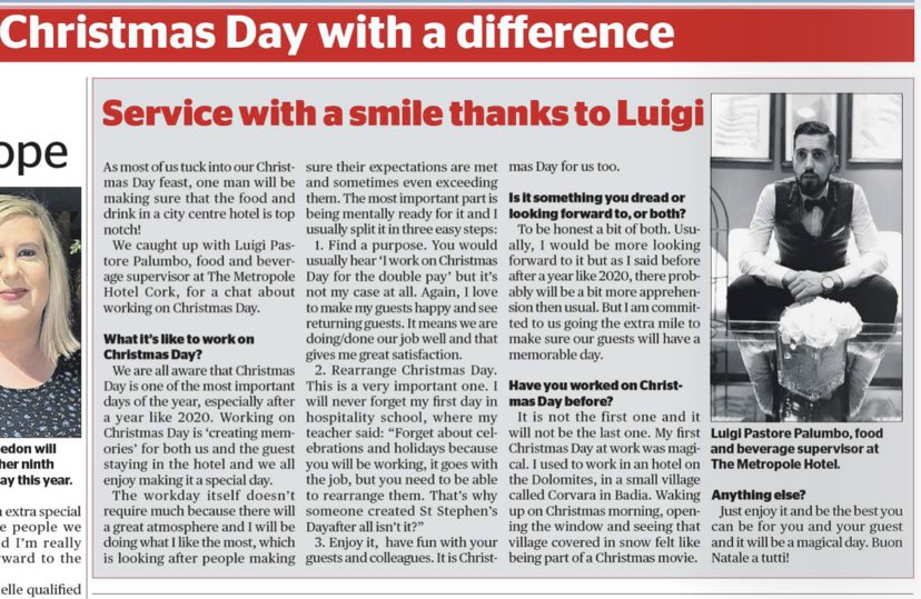 Thank you to the team at the @corkindo for the lovely interview with Luigi from @MetropoleCork one of @TrigonHotels #GuestCare #PPP #CustomerCare #Christmas2020 #Christmas