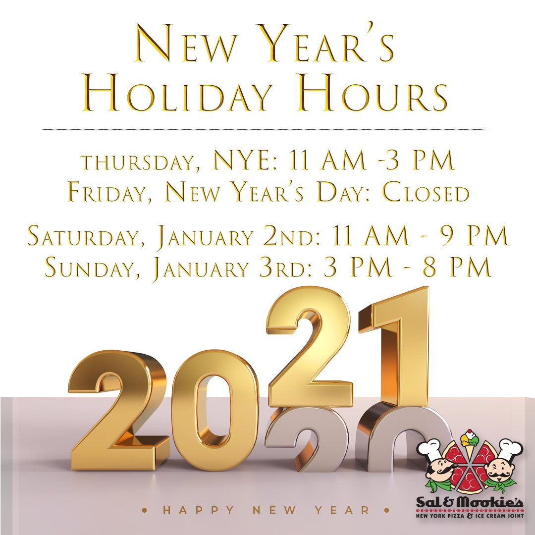Can you believe that 2020 is almost over? We wanted to let you know that we will be closing early on Thursday, NYE at 3 PM. We will be closed all day on Friday, New Year's Day. We will open at our regular hours on January 2nd 11 AM - 9 PM. #salandmookies #goodbye2020 #hello2021