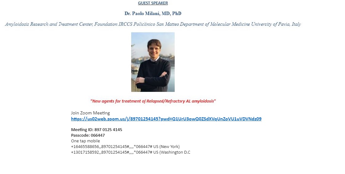 What's new in Relapsed/Refractory AL #Amyloidosis? Tune in on 1/4/21 for an update by <a href="/paomilani/">Paolo Milani</a> from University of Pavia, Italy <a href="/SLentzsch/">Suzanne Lentzsch, MD, PhD</a> <a href="/Amyloidosisfdn/">Amyloidosis</a> <a href="/AmyloidosisSupp/">Amyloidosis Support</a> <a href="/Amyloidosis_ARC/">Amyloidosis Research Consortium</a>