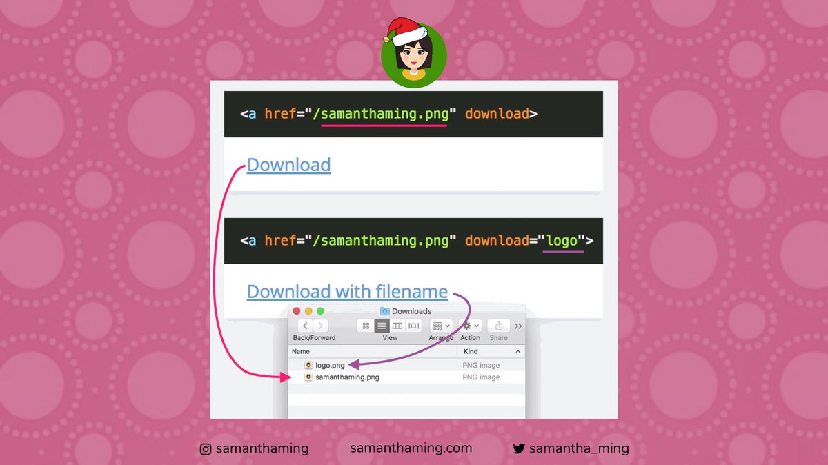 samantha_ming's tweet image. #CodeTidbits30 Day 29 🎄
HTML download attribute - Turn your &lt;a&gt; default hyperlink into a download link instead. The downloaded file will be the same as the original filename OR  you can pass in a value to set a custom name 👏
#Codenewbie #100DaysOfCode #301DaysOfCode