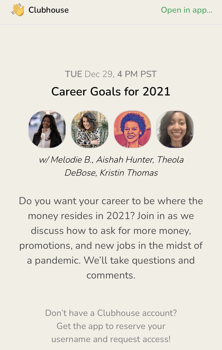 👋🏽 who’s coming tonight <a href="/7pm/">Huong Le</a> EST for career 💎 💎 ?

@joinClubhouse #Clubhouse <a href="/theoladebose/">theola | Queen of Career Change | debose 🇭🇹🇺🇸</a> <a href="/MelodieB_HR/">Melodie B.</a> <a href="/AishahHunter/">Aishah Hunter</a>  Kristin Thomas
