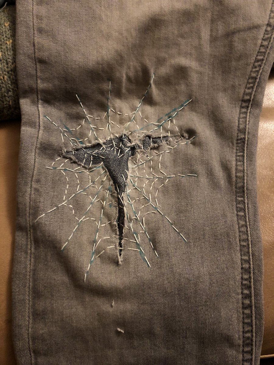 My first attempt at #sashiko to repair some jeans. Only took about two days and quite a few needlesticks.. Rather proud of it.