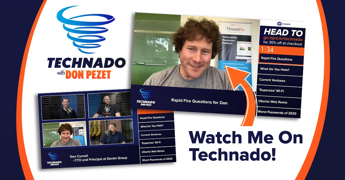 denimgroup's tweet photo. ICYMI: Check out @DanielCornell’s appearance on the @ITProTV #Technado podcast, where he discusses misconceptions about how developers feel about security. Watch it here: https://t.co/yJG6v8JQQw #DenimGroup https://t.co/rqrgQFCa4W