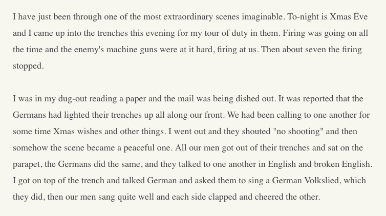 LettersOfNote's tweet photo. Christmas 1914. A soldier writes home &amp; describes the moment British &amp; German troops put down their weapons, chatted, sang carols, exchanged gifts, and played football. 

Read the full letter: https://t.co/kU7Ofm244t https://t.co/9vhfYQlEhk