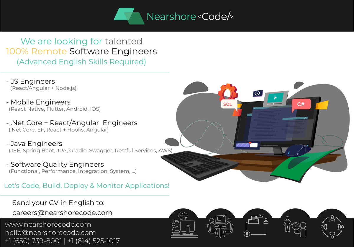 nearshorecode's tweet image. Open positions to start 2021 with a new job:
React Developers
Angular Developers
Mobile Engineers
.Net Core + React/Angular Engineers
Java Engineers
Software Quality Engineers
Please send your resume in English to careers@nearshorecode.com