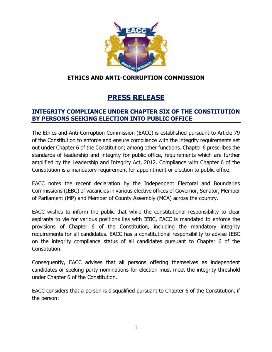 Eacc On Twitter Press Release Integrity Compliance Under Chapter Six Of The Constitution By Persons Seeking Election Into Public Office Https T Co Xbzvladtbd