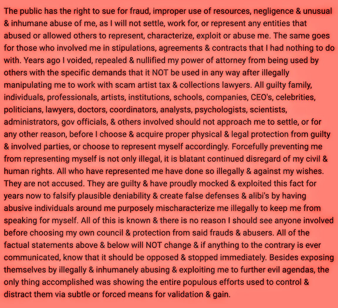 RapingSunday's tweet photo. When I mentioned that I could represent myself, they froze as if someone had hypnotized them. This was because after illegally representing me via corrupt lawyers, no matter what lawyer I went with, they'd bribe &amp; coerce them to have me settle… https://t.co/7Klm5Lk2Zl https://t.co/xoVQIkU5YN