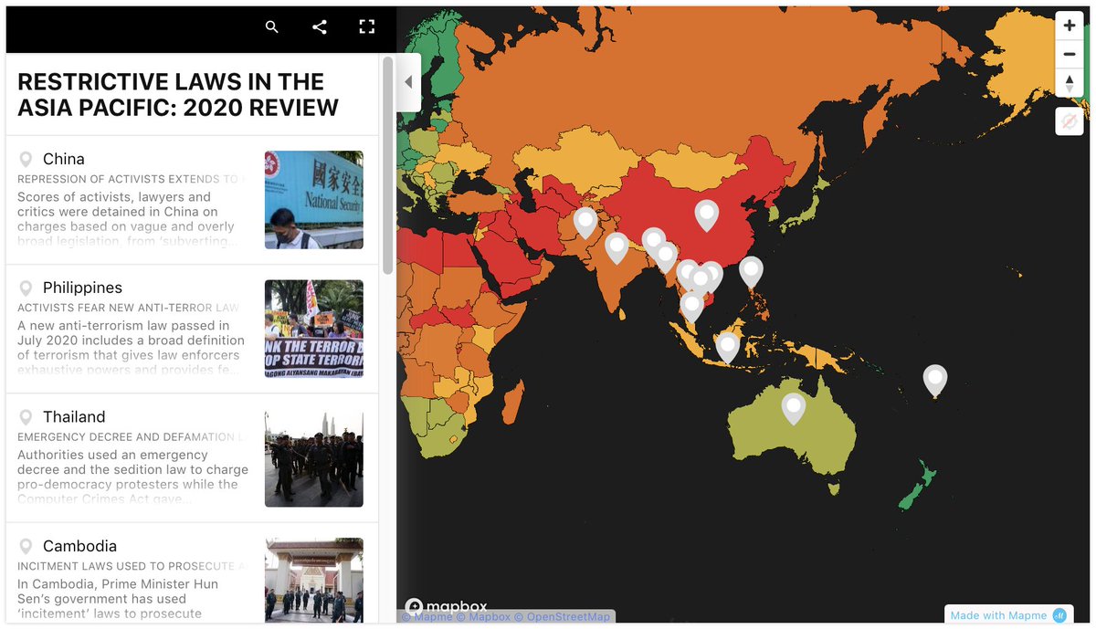 CIVICUSMonitor's tweet photo. For the year that was, a closer look at the top violations to civic freedoms. In the Asia-Pacific, restrictive laws were used to stifle dissent in at least 26 countries. 

Zoom-into a selection of case studies:
https://t.co/tzMPQuRf0S
#PeoplePower2020 https://t.co/E7SvIPa10V