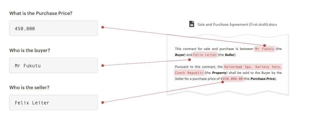 ...this is how document automation can help, providing a structure to the underlying document - if we could embed that data being inputted by the user into a human readable format, that's basically structured data we can use quickly with a contract management system (or similar)