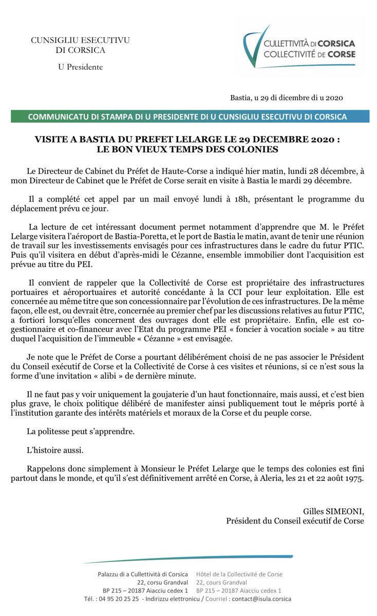 Visite à Bastia du Préfet Lelarge le 29 décembre 2020 : le bon vieux temps des colonies.