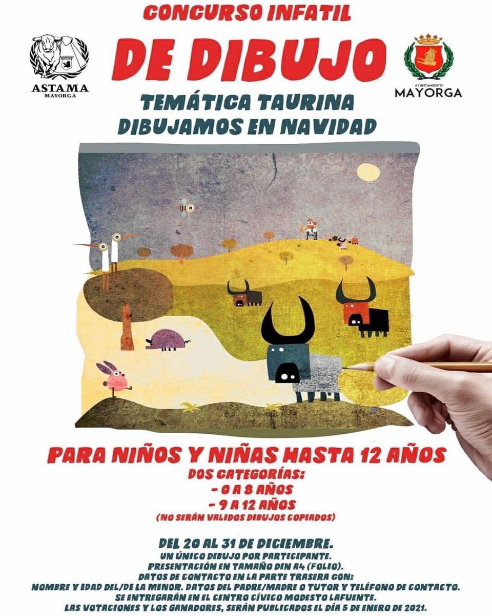 SentirTaurino1's tweet photo. CONCURSO INFANTIL DE DIBUJO DE TEMÁTICA TAURINA

¡Sólo quedan dos días! Hasta el 31 de diciembre los niños y niñas hasta 12 años pueden participar en este concurso que convoca @AstamaMayorga 
En el cartel tenéis las instrucciones. https://t.co/ds0sA3v1pk