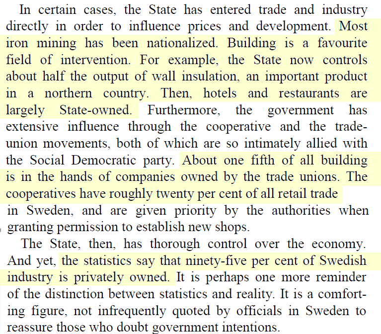 Sweden nationalized very little industry; only about 5% industry was state-owned when this book was written in the 70s.However, the state still managed to exert control through extreme taxation plus control of credit, and further measures that I'll highlight in the next post.