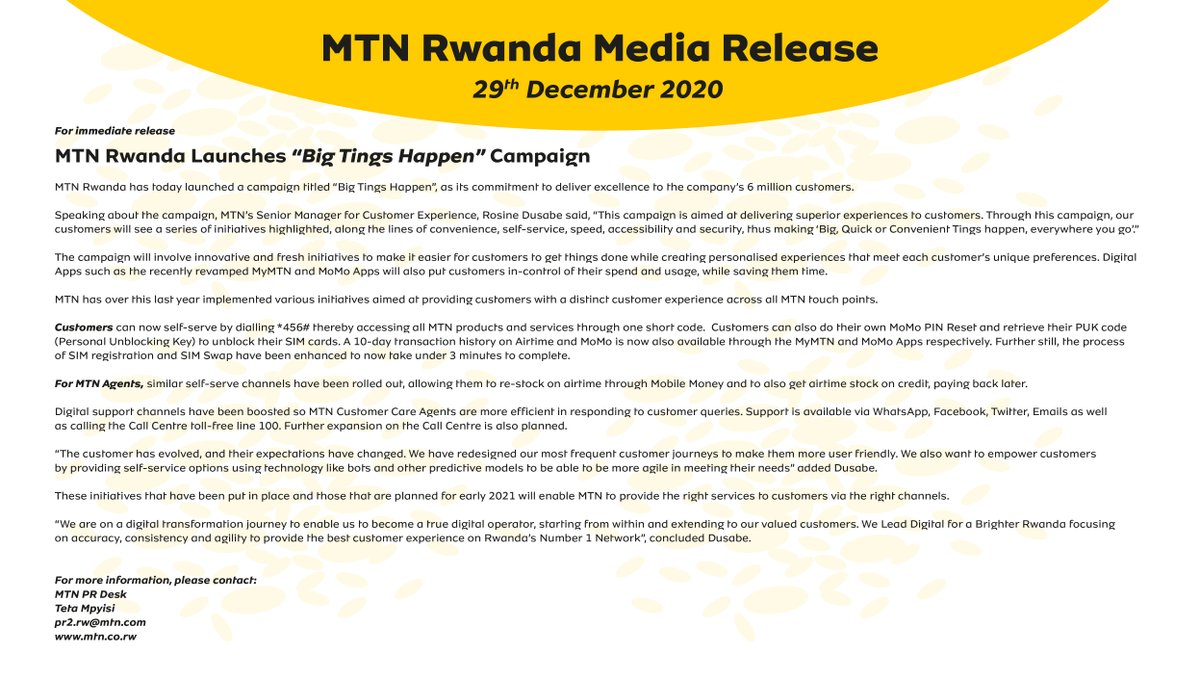 MTNRwanda's tweet photo. As we kick off the 2021, we can only expect #BigTings from MTN! We’ve launched our 3-month campaign titled “Big Tings Happen” as our commitment to deliver excellence to all of our 6 million customers.
(1/3) https://t.co/sLxK7vtAhR