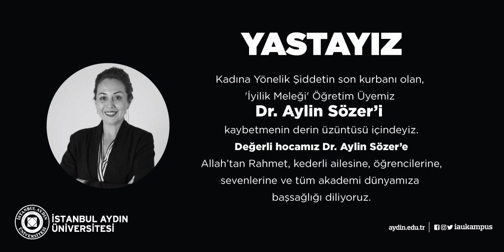 Eğitim Fakültemiz Okul Öncesi Öğretmenliği Bölüm Başkanı Dr. Öğr. Üyesi Aylin SÖZER’i bir kadın cinayetine kurban vermenin acısını derinden yaşıyoruz.
Tüm akademi camiasının, öğrencilerinin, ailesinin ve sevenlerinin başı sağ olsun.

Seni unutmayacağız Aylin Hoca...