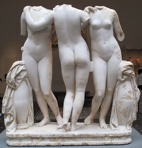 The Muses were the inspirational Greek goddesses or anthropomorphised forms of the arts, literature and sciences. They were often depicted as 3 young women named Melete or "Practice", Mneme or "Memory" and Aoide or "Song". 3/