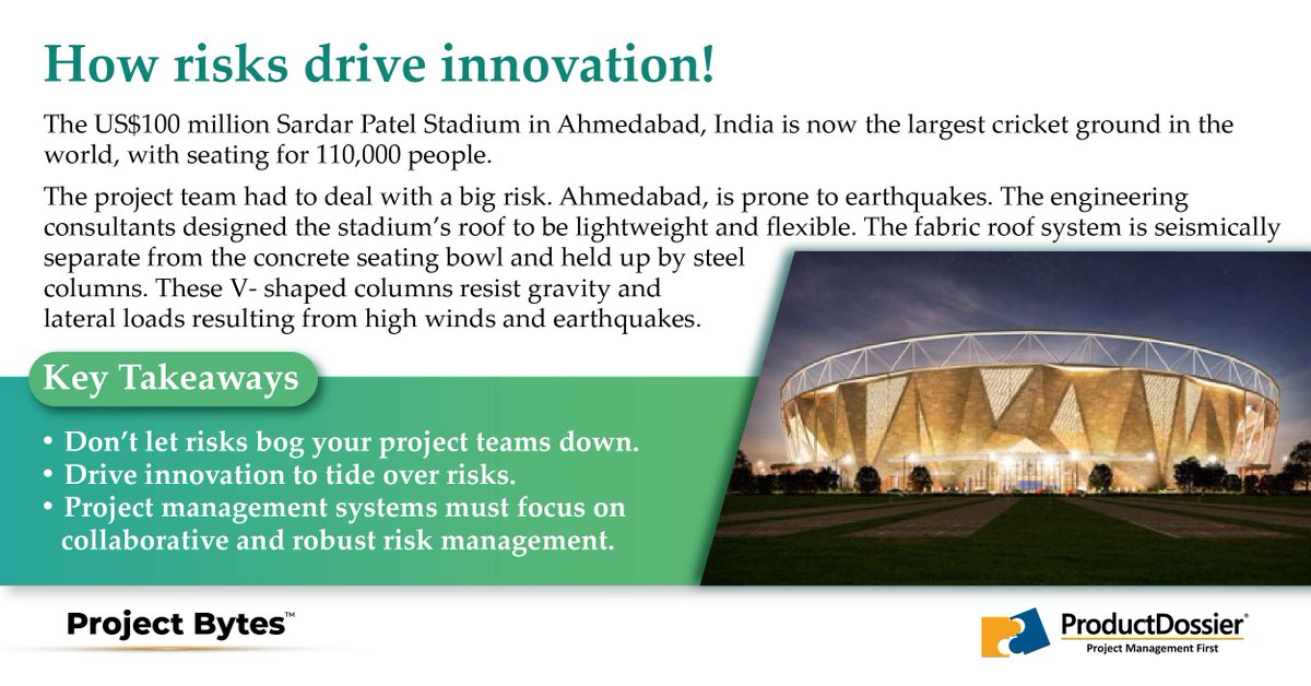 kytespsa's tweet photo. When you want to build the world's largest cricket stadium, how do you proceed when encountered with a big risk? Here are a few takeaways from this extraordinary project. #cricketworld #infrastructure #projectbytes #productdossier #riskmanagement #thoughtfultuesday #keytakeaways https://t.co/pJEBLsE4PT