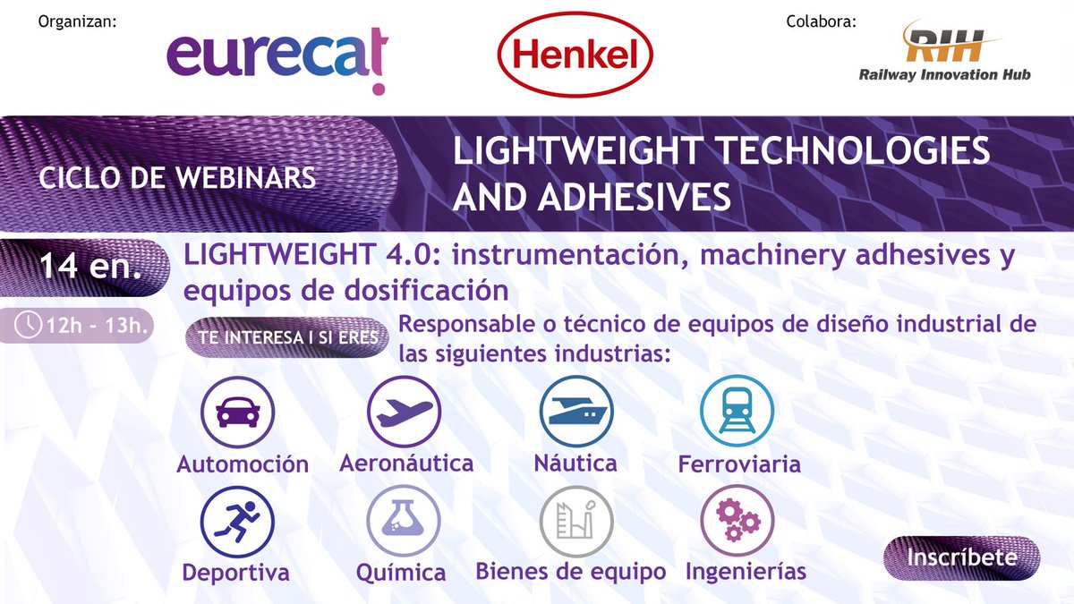 railwayinnohub's tweet photo. 💻Ciclo de webinars sobre #LightweightTechnologies & #Adhesives para innovar en materiales y formas de producción que nos permiten avanzar hacia la #industria40 y #EconomíaCircular.
Organiza nuestro #SocioRIH @Eurecat_news y @henkeliberica
📆14/01 👉https://t.co/4aZLBPdeB7 https://t.co/w1sShxot8z