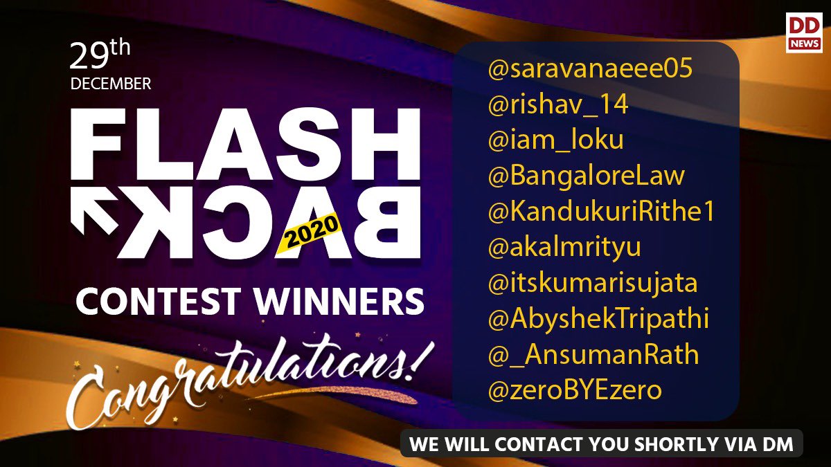 DDNewslive's tweet photo. Congratulations to the Day 1 winners of the Flashback 2020 contest. Keep participating, keep winning! #NewsThatMade2020 #Flashback2020 https://t.co/D9h7PUTqU1