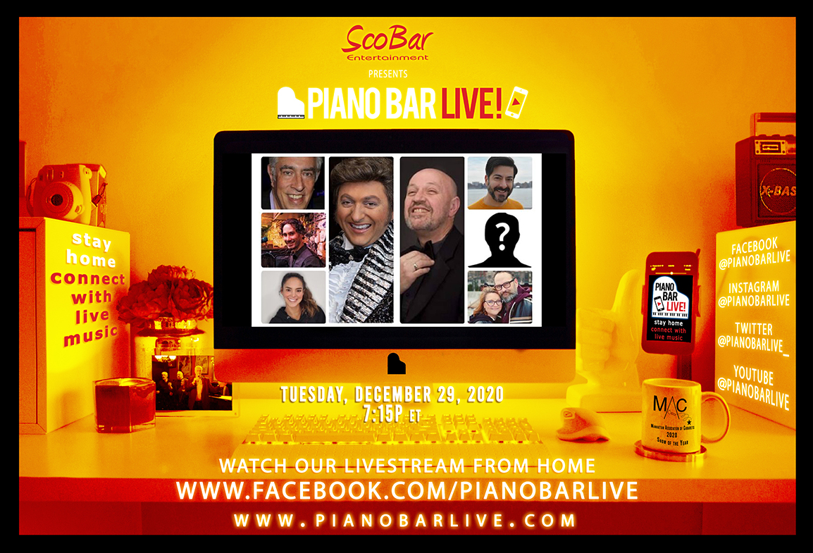Tonight Tue, Dec 29, 7:15p ET, we start New Year celebration early, with hosts <a href="/ScottBarbarino/">ScottBarbarino</a> &amp; #Liberace aka <a href="/davidmaiocco/">David Maiocco</a>
This week’s guests are Jef Labes, Viviana Renteria, Bryan Seet, <a href="/CatYates/">Cat Yates</a> &amp; Michael RJ Campbell, plus Mystery Guests &amp; MORE! facebook.com/PianoBarLive