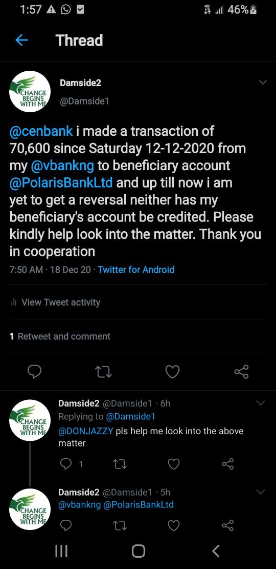 Damside1's tweet photo. @vbankng am sure you dont have an idea of what you have put me through and how much Debit i have incurred caused by the failed funds transfer since saturday 12-12-2020 #12DaysOfChristmasWithV #lockdown #CongratulationsLAYCON https://t.co/tMdCpWVLVT