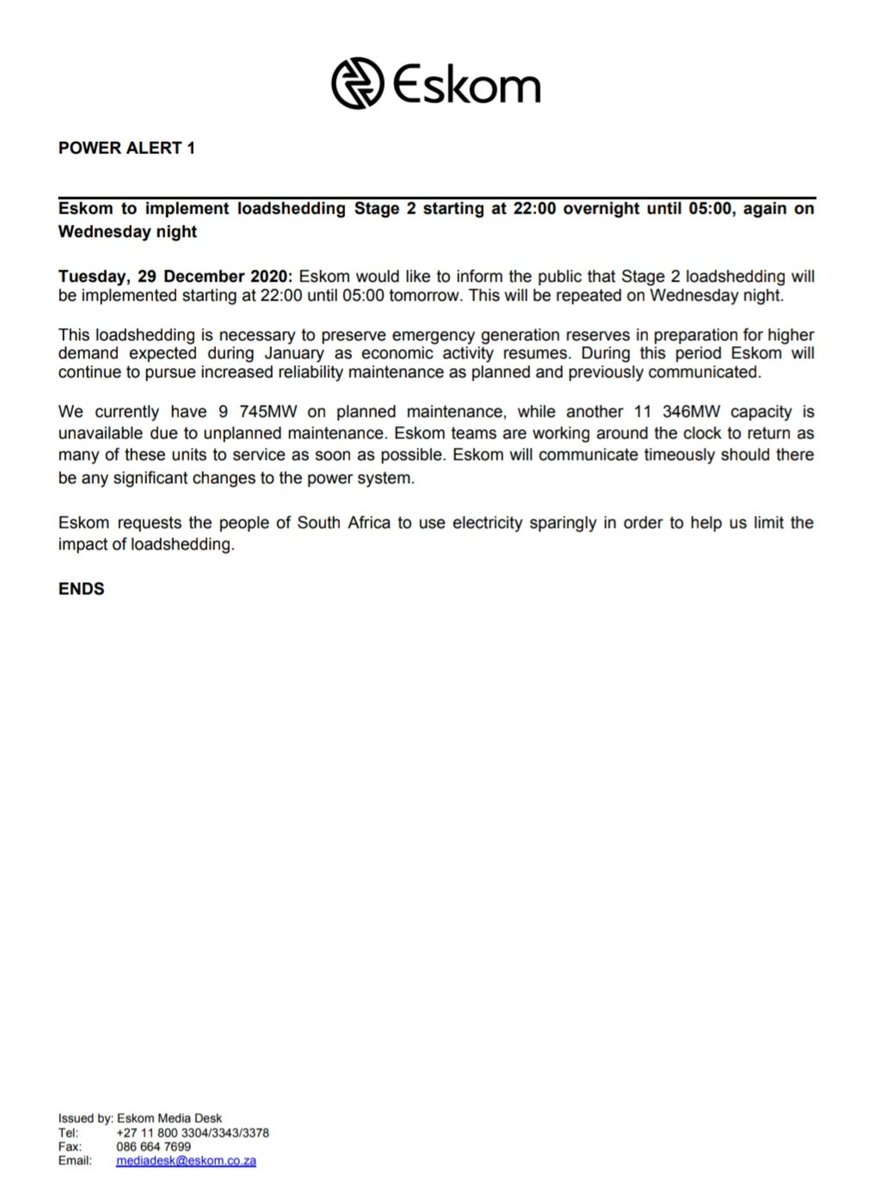 Eskom_SA's tweet photo. #POWERALERT 1

Eskom to implement loadshedding Stage 2 starting at 22:00 overnight until 05:00, again onWednesday night

@News24 @Radio702 @SABCNews @NewzroomAfrika @eNCA @IOL @ewnupdates @SundayTimesZA @SowetanLIVE https://t.co/y1yTd2G6IV