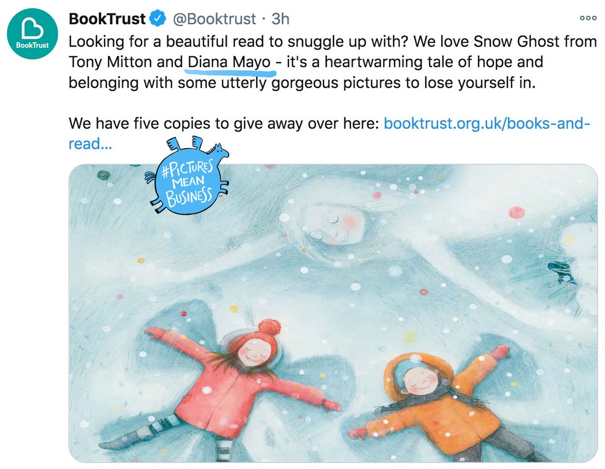 A big cheer for  @Booktrust, who have been making a real effort this year to credit illustrators. Using a variety of formats, they've been showing awareness of and support for the illustrator's role, which is heartening to see. Thank you!  #PicturesMeanBusiness  @picturesmeanb