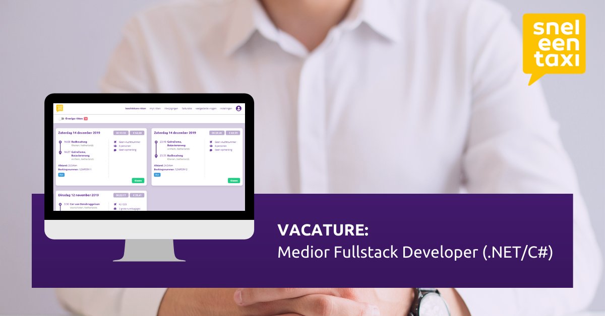 sneleentaxi's tweet photo. We zijn op zoek naar een 'Medior Fullstack Developer' (.NET/C#). In korte tijd vinden er veel nieuwe ontwikkelingen plaats, dus stap in bij sneleentaxi en reis met ons mee naar de volgende groeifase! 📈💻

Zie hier de gehele vacature: https://t.co/CYrDC7FNQg https://t.co/z1DvNkqxiq