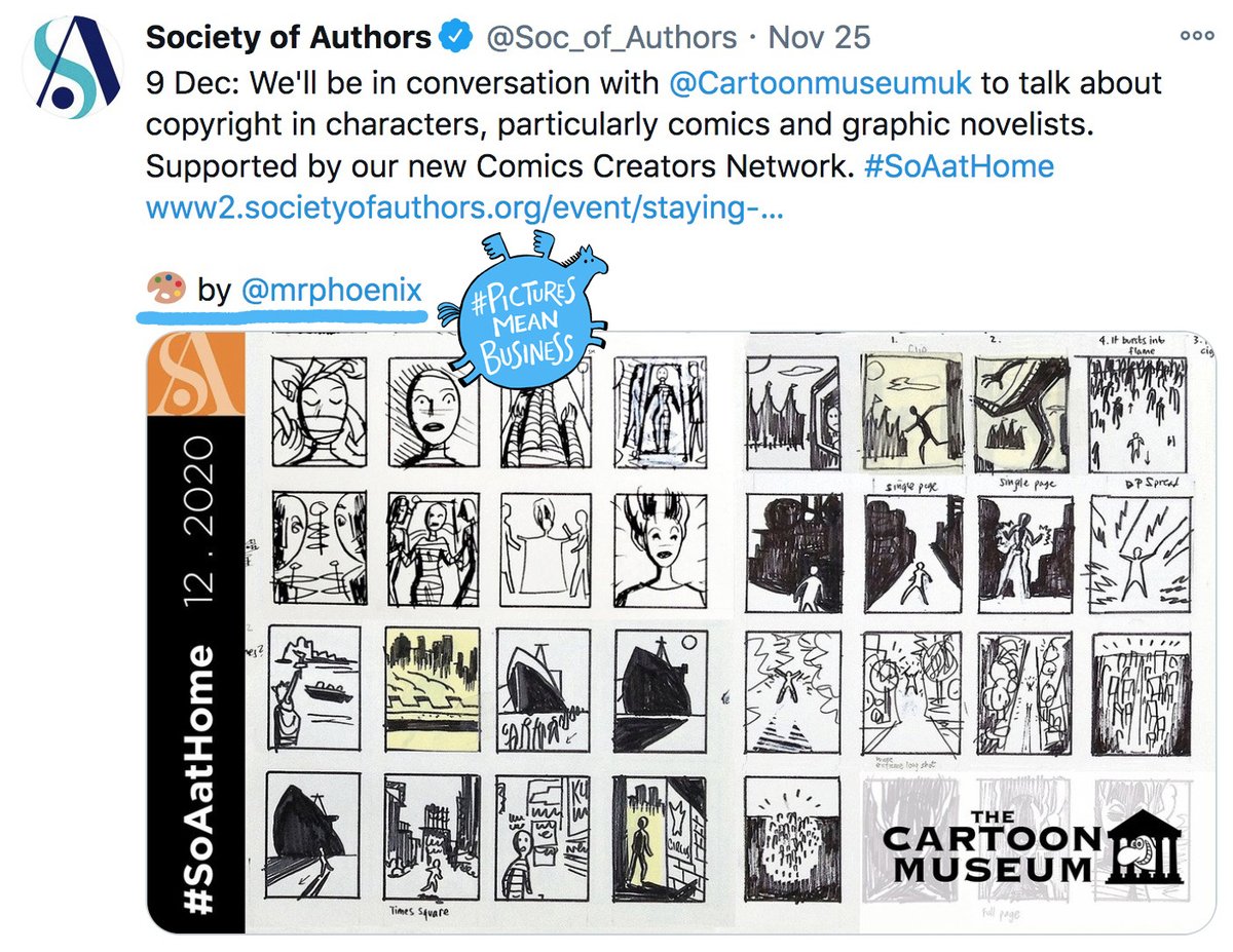 Big cheer for  @Soc_of_Authors, who are crediting artists in tweets. They're doing a big overhaul of The Author magazine, commissioning new paid artwork and addressing issues which affect our careers, plus supporting the new Comics Creator Network.Thank you!  #PicturesMeanBusiness
