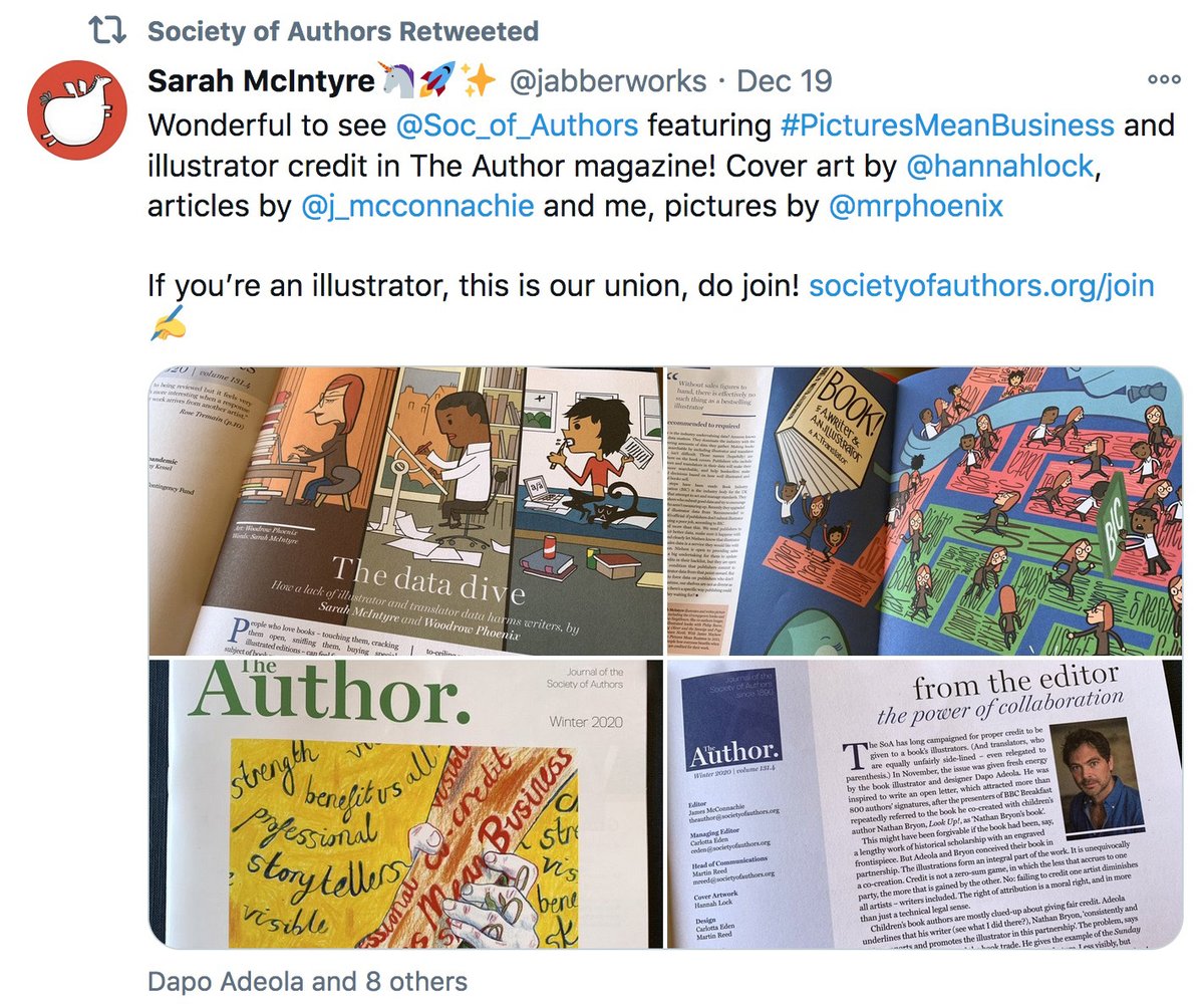 Big cheer for  @Soc_of_Authors, who are crediting artists in tweets. They're doing a big overhaul of The Author magazine, commissioning new paid artwork and addressing issues which affect our careers, plus supporting the new Comics Creator Network.Thank you!  #PicturesMeanBusiness