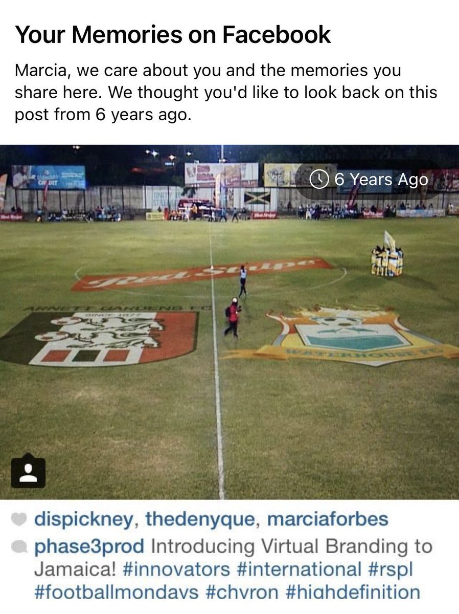 marciaforbes's tweet photo. 6 years ago @Phase3Prod introduced virtual branding to live sports in #Jamaica. This Facebook Memory just reminded me. #VirtualBranding #LiveSport https://t.co/VjA6nGkB6c