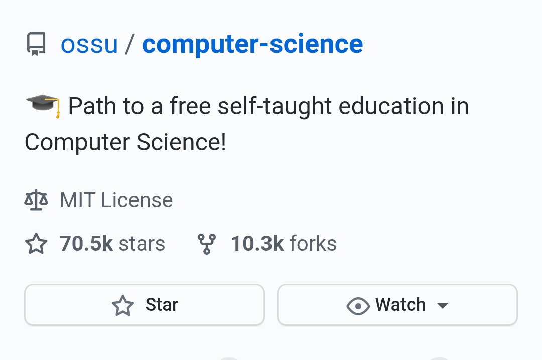 ravinwashere's tweet image. I discovered a fantastic GitHub repository called: Computer Science
It's a complete guide to free online education in computer science.
This is proof that Computer Science education must be self-paced and free. 
Link -  github.com/ossu/computer-science