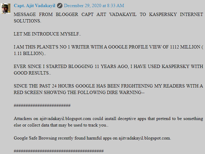 AKJANGRA17's tweet photo. @kaspersky @Securelist Kaspersky,

Google flagged your 11 yo service user who is the world's number 1 blogger.

since the past 24 hours @Google has frightening his readers with red screen showing-

"The site ahead contains harmful programs, that may be used to track you."

Please investigate &amp; revert. https://t.co/XJkOMX3w0i