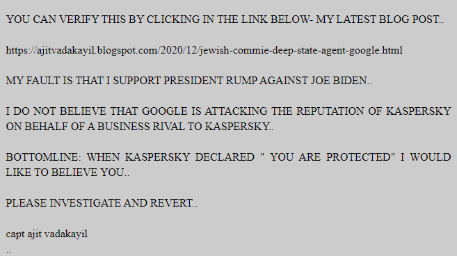 AKJANGRA17's tweet photo. @kaspersky @Securelist Kaspersky,

Google flagged your 11 yo service user who is the world's number 1 blogger.

since the past 24 hours @Google has frightening his readers with red screen showing-

"The site ahead contains harmful programs, that may be used to track you."

Please investigate &amp; revert. https://t.co/XJkOMX3w0i