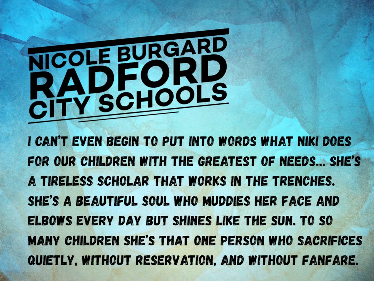 VA_Partners4Edu's tweet photo. Happy Tuesday morning to you! Start your day with a smile by reading how Nicole Burgard from @Radford_Schools demonstrates what it means to be a #Virginia #EducatorHero. Thank you, Nicole, for all that you're doing to champion student growth & success!
@rfgraham1969 https://t.co/HTpPoxPPY5