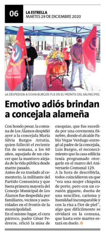 MuniLosAlamos's tweet photo. DUELO COMUNAL | El diario La Estrella de Concepción reflejó en sus páginas, la despedida que como comuna dimos a nuestra concejala Silvia Burgos 🗞️😢 https://t.co/AnWvGA1fBF